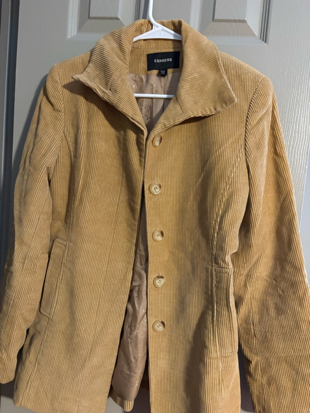 Express Corduroy Button-Up Trench Coat in Camel